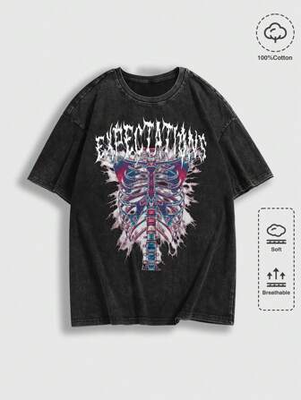 Street Life Camiseta de manga corta de cuello redondo con estampado de esqueleto de letra casual para hombres, verano