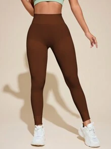 SHEIN 弹力腰部瘦身提臀运动紧身裤 - 棕色 - 查看 2