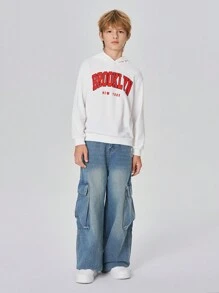 SHEIN Moletom com capuz casual solto com estampa de letras para meninos pré-adolescentes, adequado para uso diário na primavera/outono