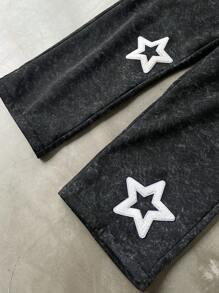 Manfinity Roghcode Manfinity Streetrush Men's Dark Grey Star Embroidery Sweatpants,Loose Straight Baggy Streetwear,Summer Work Casual Drawstring Waist Autumn/Winter - Dark Grey - View 3
