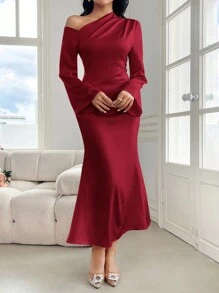 Modelyn 女士纯色露肩宽松长袖紧身连衣裙，带褶边，婚礼/场合礼服长款晚礼服 - 紅色 - 查看 6