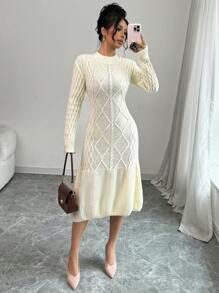 Elenzga Vestido tipo jersey con cuello redondo, flores y diseño entallado para mujer
