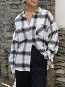 DAZY Plaid Drop Shoulder Shirt,Long Sleeve Tops,Fall Clothes,Back To School Clothes,Flannels Women - White - View 7