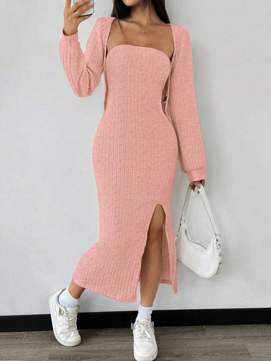 Chiquease 2pcs/Set Solid Color High Slit Bodycon Dress And Open Front Cardigan, Outfit - Dusty Pink - View 1