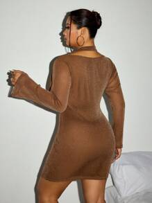 SHEIN ICON Plus Size Women Icon Pattern Halter-Neck, Knit Long Sleeve Dress - Brown - View 6