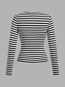SHEIN EZwear 3pcs/Set Women Casual Round Neck Striped Solid Color Long Sleeve Tight Fit Tee Fall Clothes, Summer Outfits , Beach Outfits For Women, Summer Holiday Outfits, Holiday Outfits - Multicolor - View 4