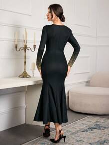 Modelyn Damen Glitzer Blumen Muster V-Ausschnitt Langarm Fischschwanz-Saum elegantes Kleid, Lange Abendkleider für Herbst - Verschiedenfarbig - Übersicht 2