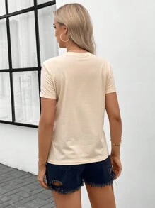 SHEIN LUNE Summer Apricot Short Sleeve Music Festival Pattern Women T-Shirt - Apricot - View 2