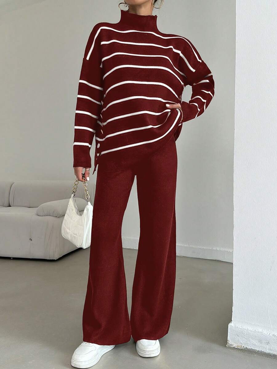 EURMUSE 2 peças/conjunto feminino listrado gola alta solto malha top e cor sólida calças compridas, casual wear - Borgonha - Ver 1