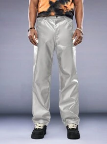 AXEPEAK Men's Casual Minimalist Metallic Woven Straight Leg Pants, Streetwear Style, Fall/Winter - Silver - View 4
