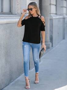SHEIN LUNE Damen Sommer Rundhals ärmelloses dekoriertes Lässig T-Shirt