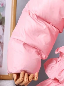Young Girl Pink Fur Trim Hooded Multi-Layer Ruffle Hem Padded Jacket - Baby Pink - View 5