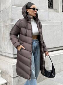 RueChic 冬季休闲纯色抽绳连帽棉服外套