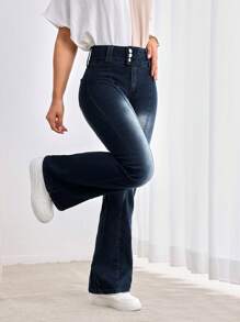 SHEIN LUNE 女士休闲水洗复古修身喇叭腿牛仔裤 - 藍色 - 查看 4