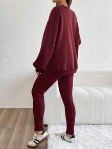 SHEIN 2pcs/Set Maternity Round Neck Long Sleeve Letter Print Minimalist Top And Pants - Burgundy - View 2