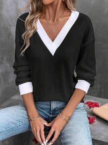 SHEIN LUNE Áo thun tay dài họa tiết khối màu đơn giản dành cho nữ, áo thun họa tiết thu/đông dành cho nữ mùa xuân - Đen và trắng - Xem 5