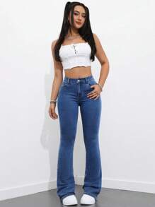 SHEIN ICON Women Front Button Pocket Simple Flare Denim Casual Jeans , Daily Wear Y2k - Dark Wash - View 5
