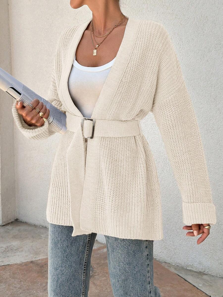 EURMUSE Cárdigan de punto estriado con cinturón, de línea asimétrica y oversize para mujer - Crema - Ver 1