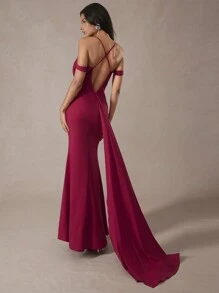 Hauture Lace Bust Front Cowl Neck Open Back Sashed Maxi Mermaid Dress - Red - View 2