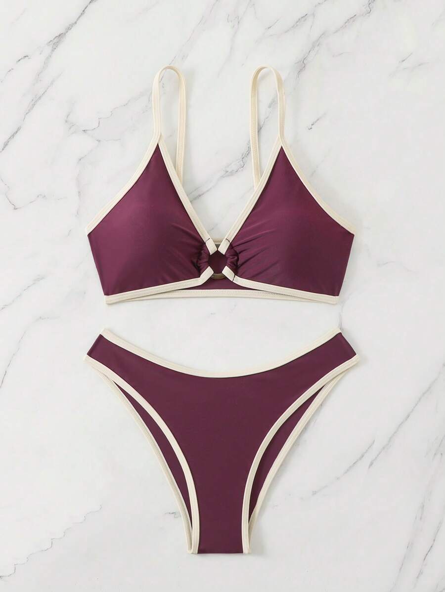 Conjunto de bikini tipo tankini de tirantes con aros de decoración de playa y vivos de color contrastante para el verano - Multicolor - Ver 1