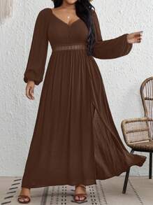 SHEIN VCAY Váy xòe tay đèn lồng màu trơn cỡ lớn thường ngày cho kỳ nghỉ - màu nâu - Xem 6