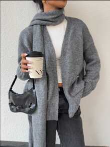 SHEIN Frenchy Cárdigan casual de mujer de unicolor, manga larga con caída en los hombros y bolsillos dobles, para otoño/invierno