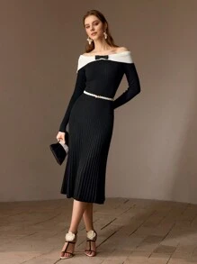 MOTF PREMIUM WOOL CONTRAST FOLDOVER OFF SHOULDER BEADED BOW DETAIL RIB-KNIT DRESS WITHOUT BELT - Black and White - View 9