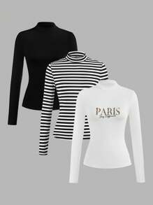SHEIN LUNE 3 piezas Blusas básicas de cuello alto de manga larga a rayas blancas y negras de uso casual para mujer - Multicolor - Ver 1
