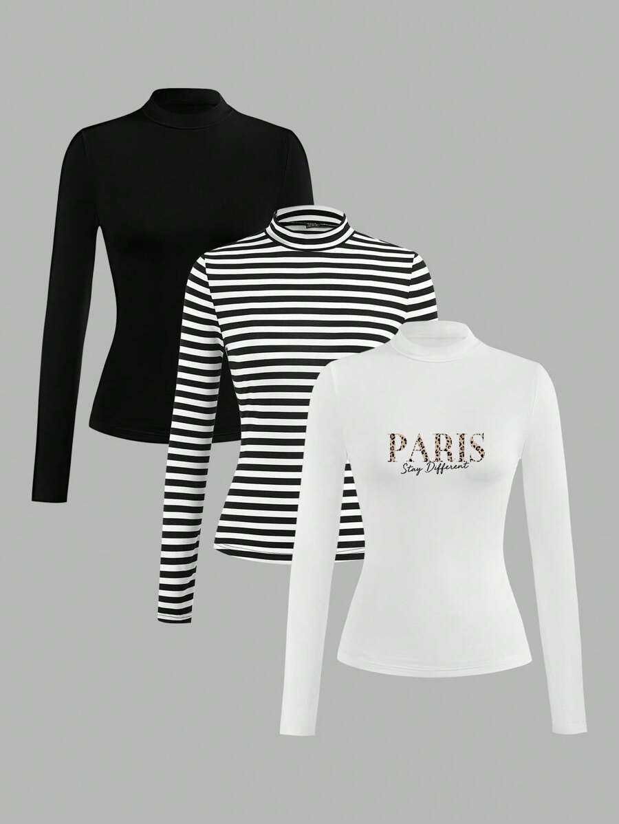 SHEIN LUNE 3 piezas Blusas básicas de cuello alto de manga larga a rayas blancas y negras de uso casual para mujer - Multicolor - Ver 1