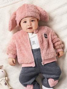 SHEIN Newborn Baby Girl Warm Plush Long Sleeve Jacket With Rabbit Ear Hood, Winter - Apricot - View 5