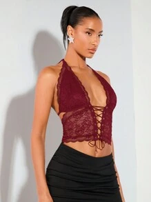 SHEIN BAE Sexy Lace Halter Crop Top , Country Concert Rave Festival Summer - Burgundy - View 6