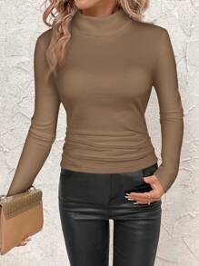 SHEIN Clasi Women's Stand Collar Cinched Waist Thermal T-Shirt, Warm Wear - Coffee Brown - View 3
