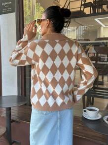 EURMUSE Women Diamond Pattern Hairy Yarn Front Button Collar Neck Cardigan - Multicolor - View 2