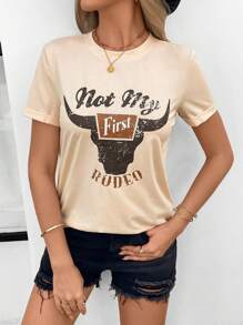 SHEIN LUNE Summer Apricot Short Sleeve Music Festival Pattern Women T-Shirt - Apricot - View 7