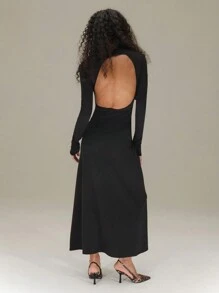SHEIN Unity High Neck Open Back Long Sleeve Dress With Waist Panel Belted Detail New Year