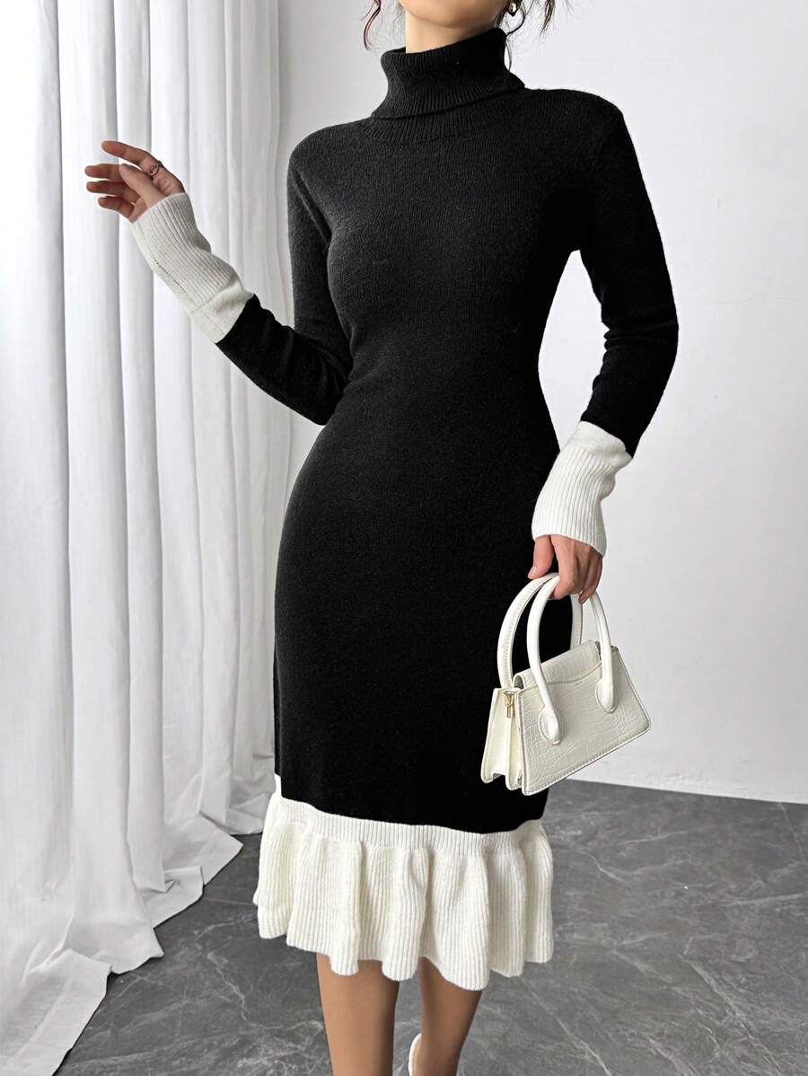 SHEIN Unity Robe longue en maille à col roulé de style français, ajustée à la taille, coupe slim, pour l'automne/l'hiver - Noir - Voir 1