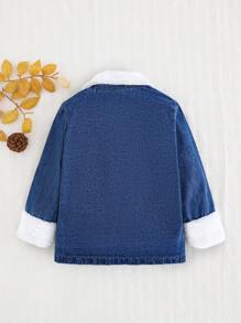 Cozy Pixies Young Girls Casual Warm Cute Pocket Lapel Long Sleeves Loose Fit Blue Denim Thermal Lined Teddy Coat ,For Young Girls Fall/Winter Clothes - Medium Wash - View 2