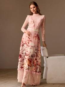 MOTF PREMIUM FLORAL PRINT LACE BODICE MOCK NECK RUFFLE TRIM LONG DRESS WITHOUT BELT - Multicolor - View 4