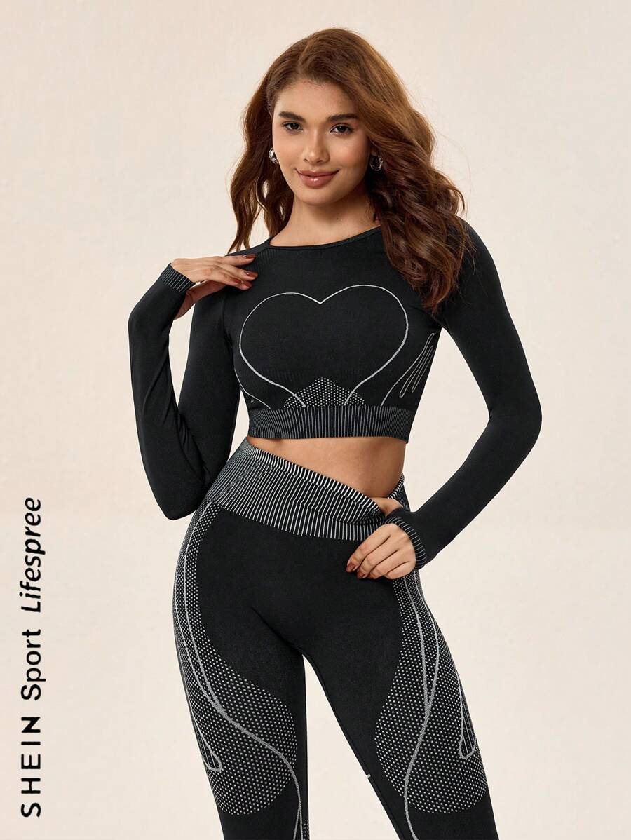 Lifespree 无缝几何图案心形运动高弹力女式瑜伽服适合运动健身套装情人节 - 黑色 - 查看 1