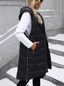 SHEIN Clasi Women's Plain Color Zipper Front Long Hooded Casual Padded Padded Coat, Winter Clothes - Black - View 8