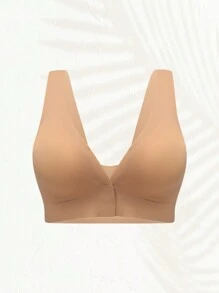 1pc Women's Minimalist Comfortable Seamless Wireless Bra With Front Closure, Padded, Wide Strap - Apricot - View 5