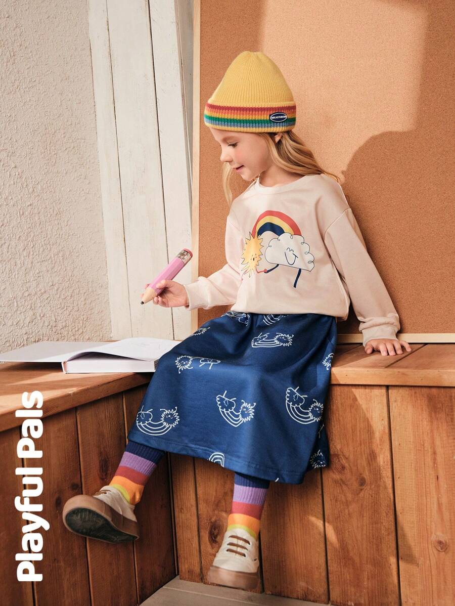 SHEIN Bộ 2 món đồ cho bé gái Fun Planet Áo nỉ & váy dễ thương/cổ điển/thường ngày/ở nhà/đi chơi Trang phục mùa đông/mùa thu Quần áo bé gái/Quần áo mùa thu cho bé gái - Nhiều màu - Xem 1