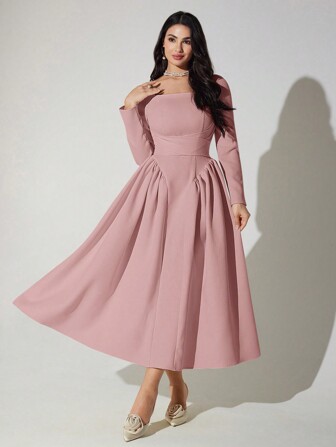 Modelyn فستان أنيق للنساء بلون أحادي بخصر ملتو, فساتين مسائية طويلة للخريف