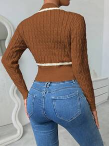 Chiquease Women Twisted Knot Cable Knit Ribbed Trim Cardigan For Autumn/Winter Fall Cloth For Women - Brown - View 2