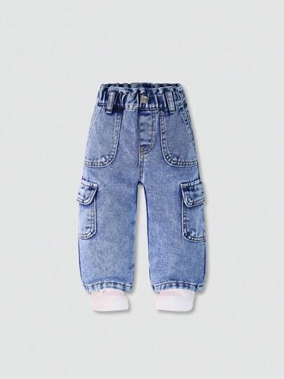 SHEIN Pantalones cargo de niña bebé de mezclilla con cintura elástica y estampado floral casual