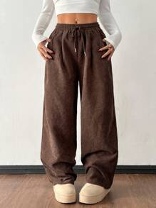 SHEIN PETITE Women's Autumn And Winter Street Fashion Casual Retro Corduroy Textured Baggy Pants