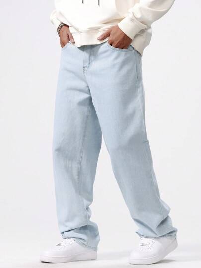 Chillumni Plus Size Men's Front Button Pocket Simple Design Casual Jeans, Plain Long Washed Baggy Light Blue Cargo Jeans, For Husband, Boyfriend Gifts Commute Urban Hang Out College