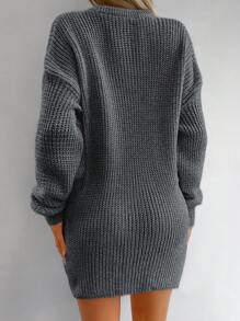 EURMUSE Solid Color Rib Knit Stand Collar Elegant Long Sleeve Sweater Dress - Grey - View 2