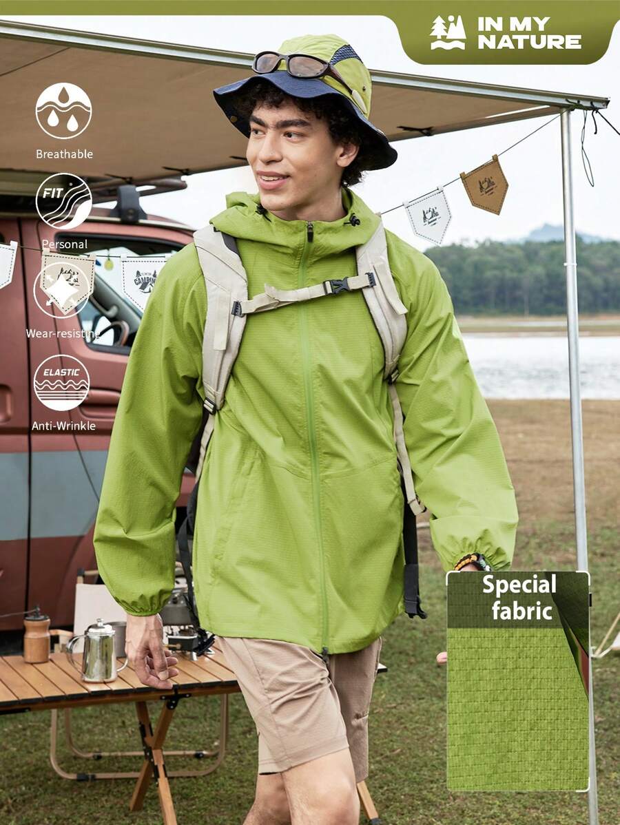 Gym Rark Men's Solid Color Drawstring Hooded Sun-Protective Jacket,Windbreaker - Green - View 1