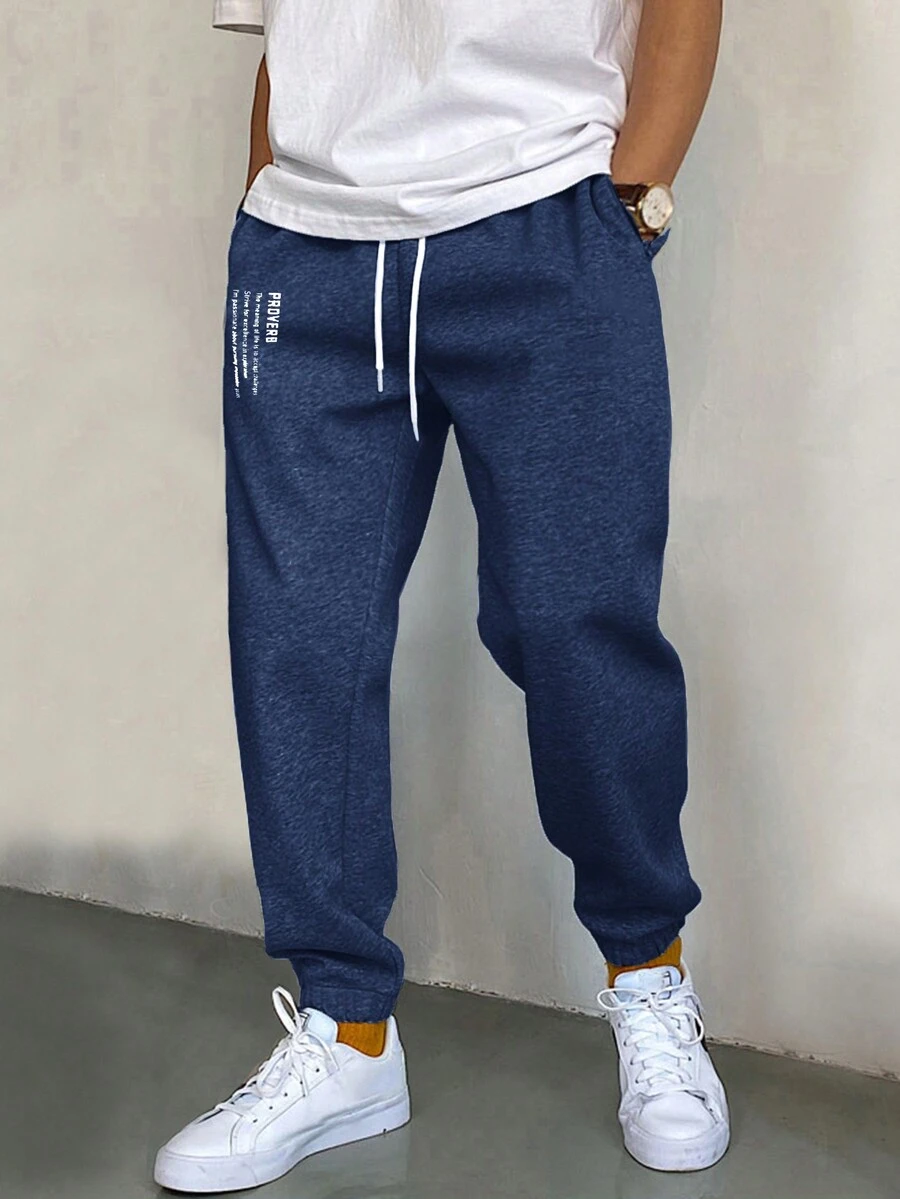 EURMUSE Cotton Men Slogan Graphic Drawstring Waist Sweatpants - Navy Blue - View 1